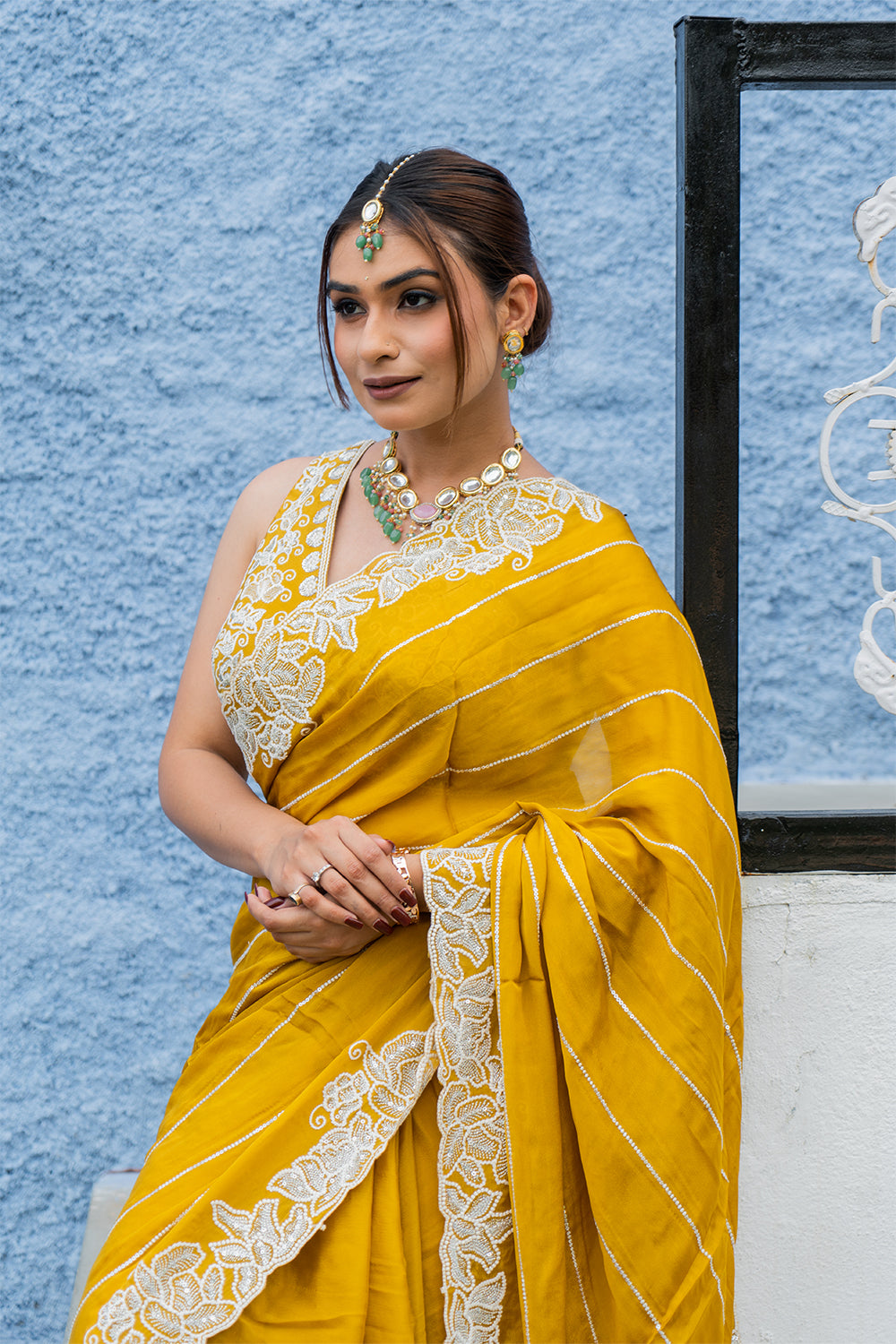 Two Blouse Concept – Marigold Yellow Designer Georgette Saree with White and Silver Embroidery