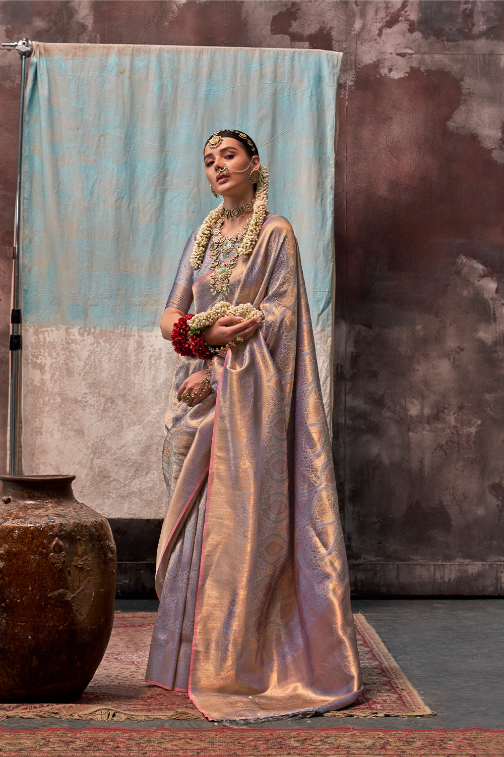 Two-Tone Peach Weaving Silk Saree with Contrast Selvage Border