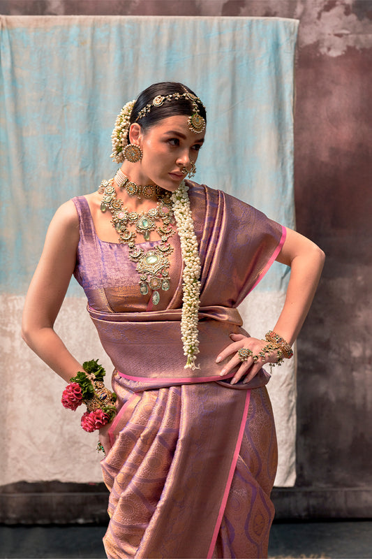 Two-Tone Peach Weaving Silk Saree with Contrast Selvage Border