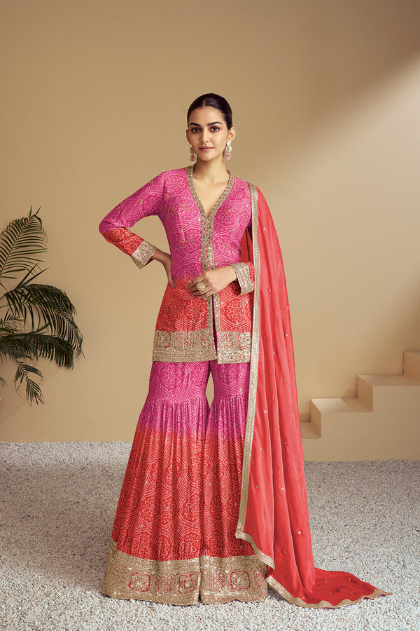 Pink-Orange Bandhani Print Sharara Silk Suit with Zari Work and Matching Dupatta