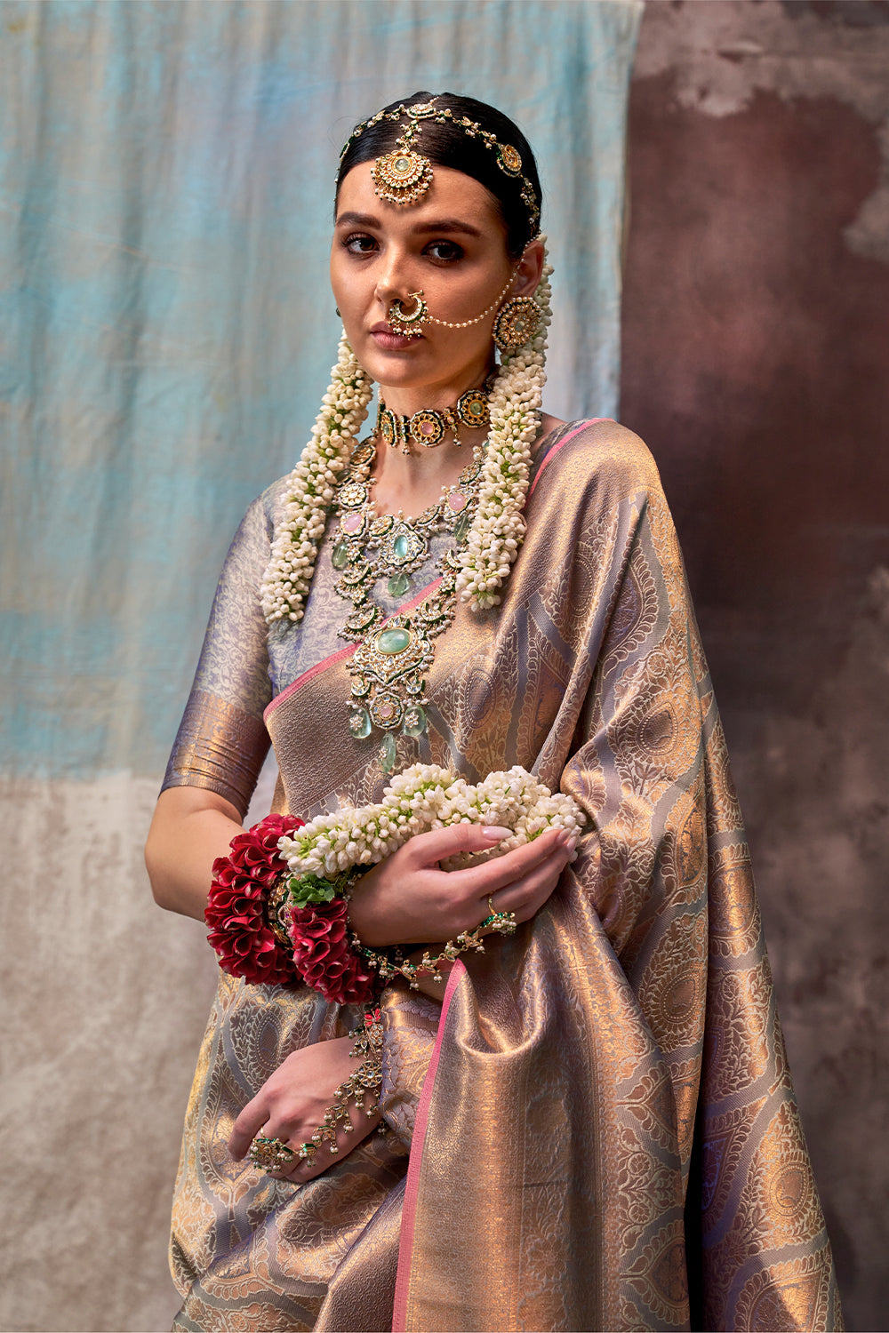 Two-Tone Peach Purple Weaving Silk Saree with Contrast Selvage Border