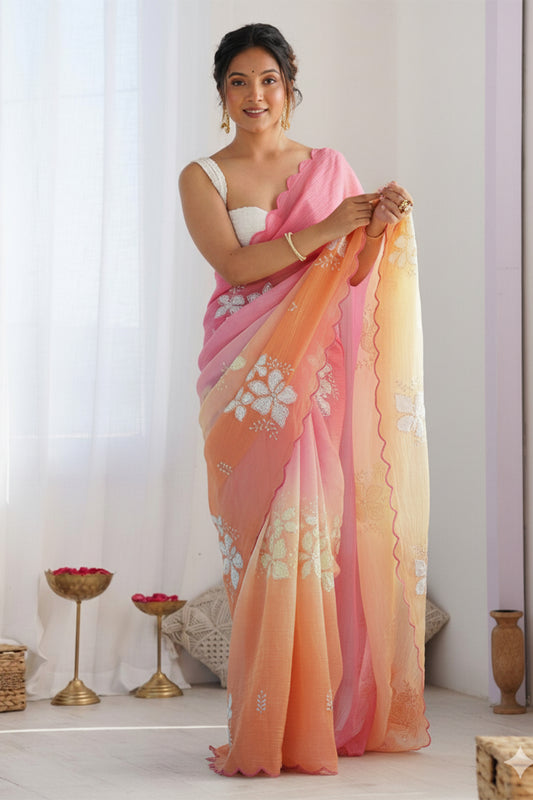 Dark Orange Pastel Shaded Chinon Silk Saree with Sequin Embroidery & Khatli Border