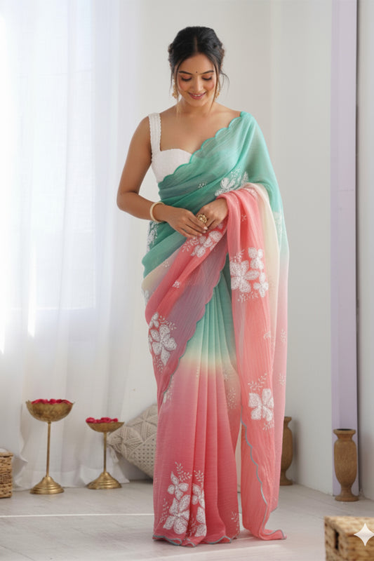 Green Pink Pastel Shaded Chinon Silk Saree with Sequin Embroidery & Khatli Border