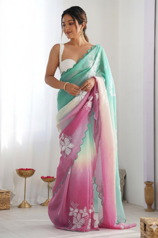 Green Magenta Pastel Shaded Chinon Silk Saree with Sequin Embroidery & Khatli Border