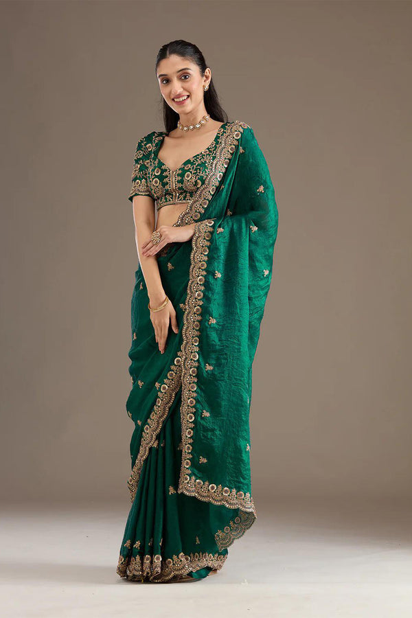 Rama Green Crepe Silk Saree with Zari Embroidery Work