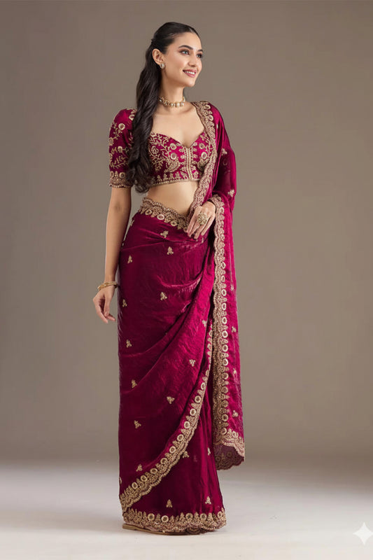 Wine Red Crepe Silk Saree with Zari Embroidery Work