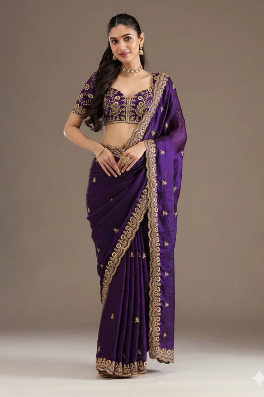 Purple Royal Crepe Silk Saree with Zari Embroidery Work