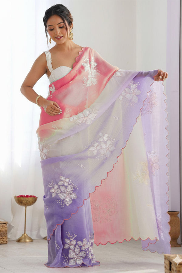 Pink Purple Pastel Shaded Chinon Silk Saree with Sequin Embroidery & Khatli Border
