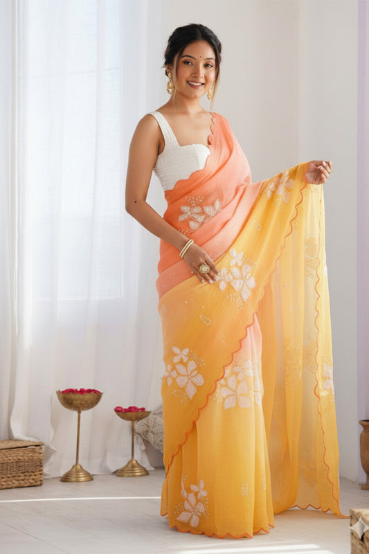 Light Orange Pastel Shaded Chinon Silk Saree with Sequin Embroidery & Khatli Border