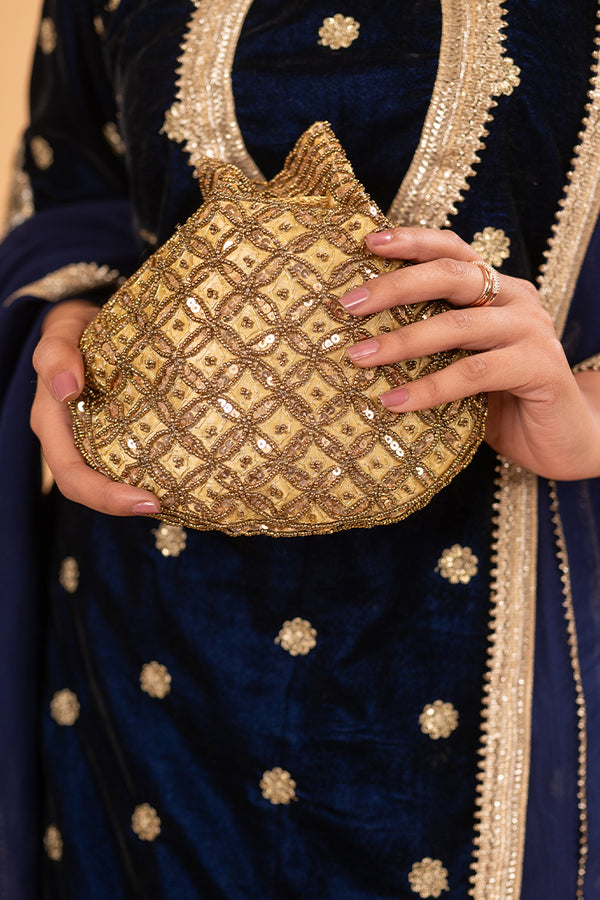 Golden Color Potli with Full Gold Pearls and Sequin Work