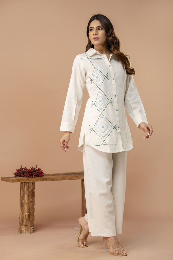Ivory White Cord Set with Rama Green Color Hand Embroidery with Pant