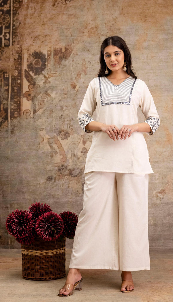 Ivory White Cord Set with Front Yoke Grey Color Embroidery