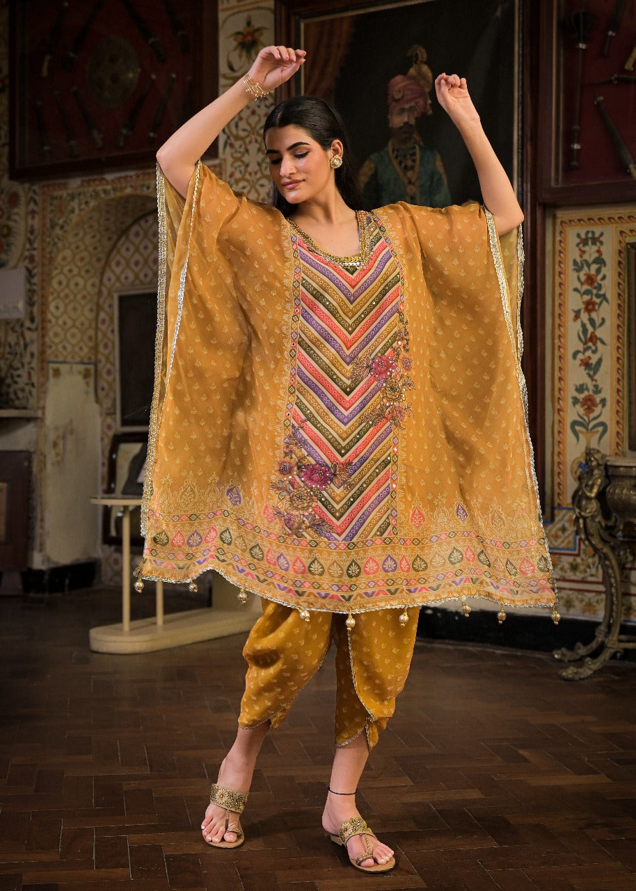 Marigold Yellow Georgette Dhoti-Pattern Cord Set Suit with Zari Work