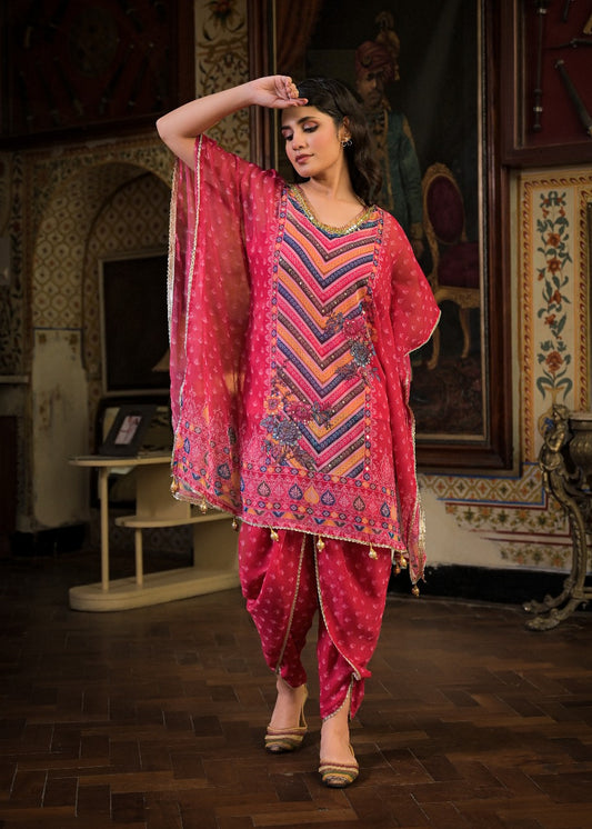 Pink Georgette Dhoti-Pattern Cord Set Suit with Zari Work