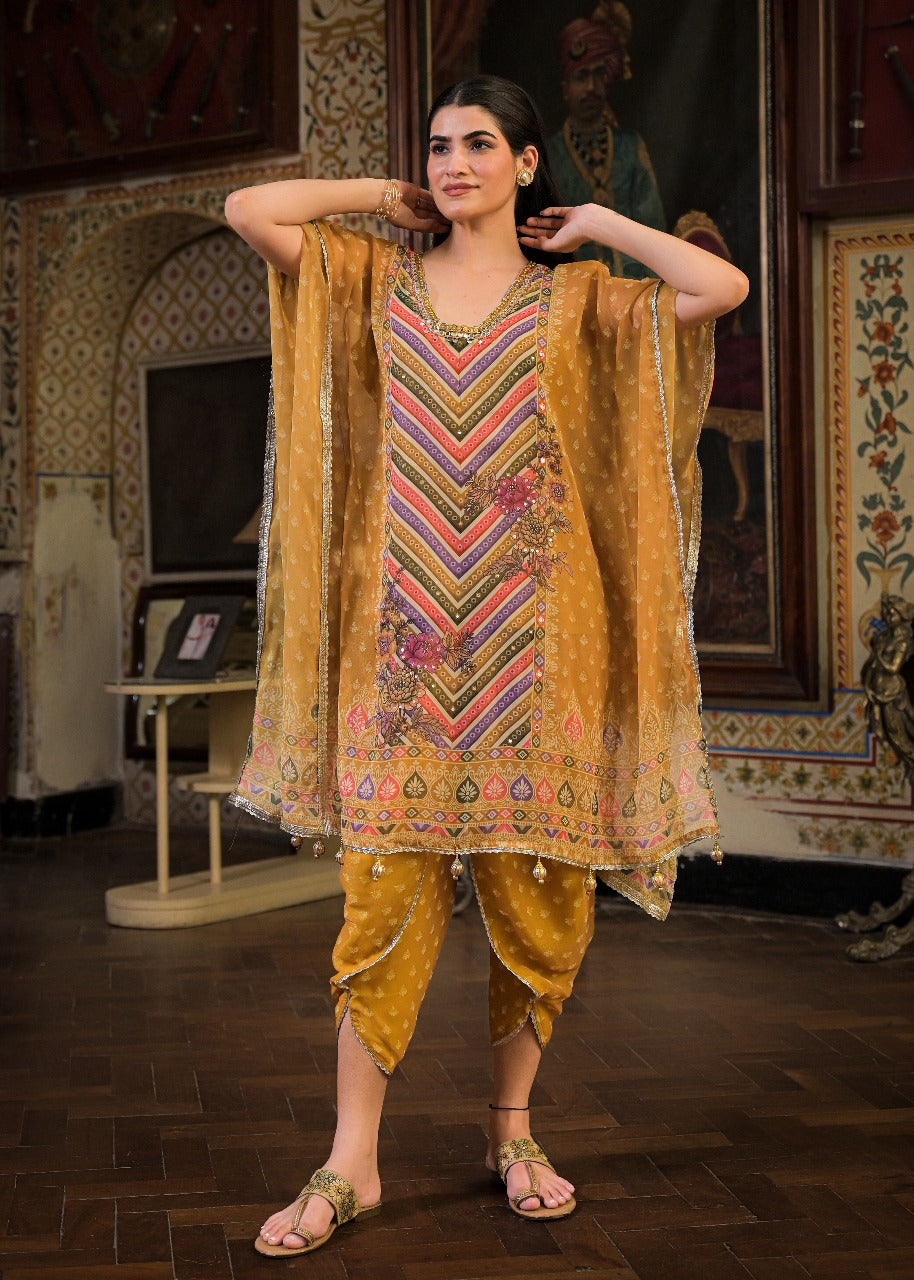 Marigold Yellow Georgette Dhoti-Pattern Cord Set Suit with Zari Work