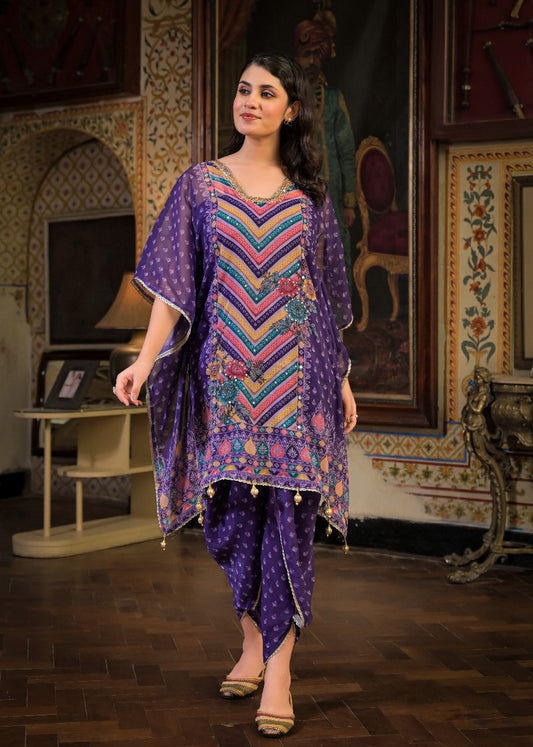 Purple Georgette Dhoti-Pattern Cord Set Suit with Zari Work