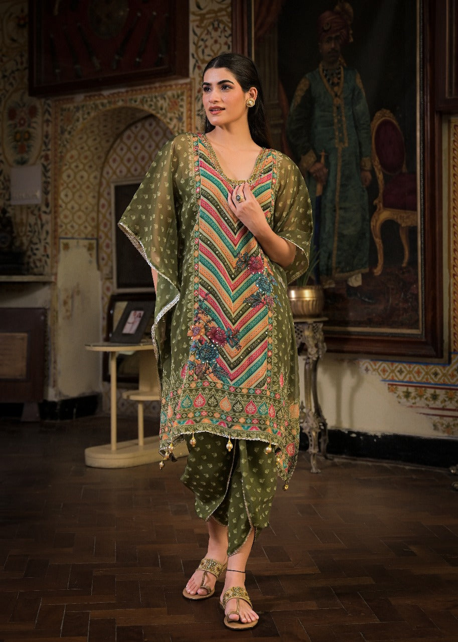 Mehndi Green Georgette Dhoti-Pattern Cord Set Suit with Zari Work