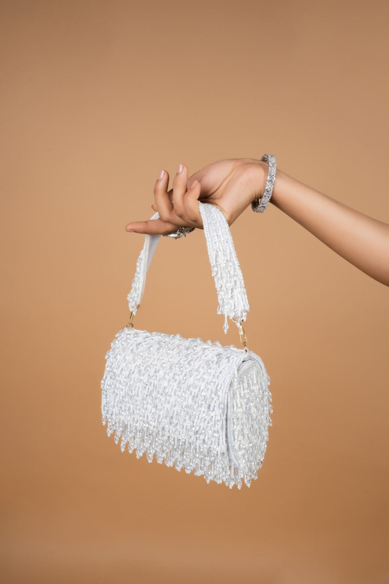 White Clutch with Tassels and Beads - Mayrake.in