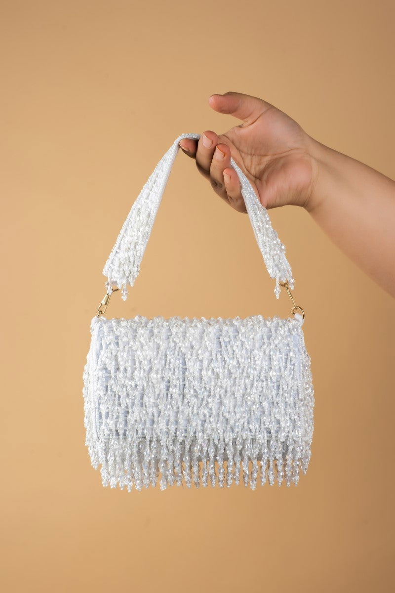 White Clutch with Tassels and Beads - Mayrake.in
