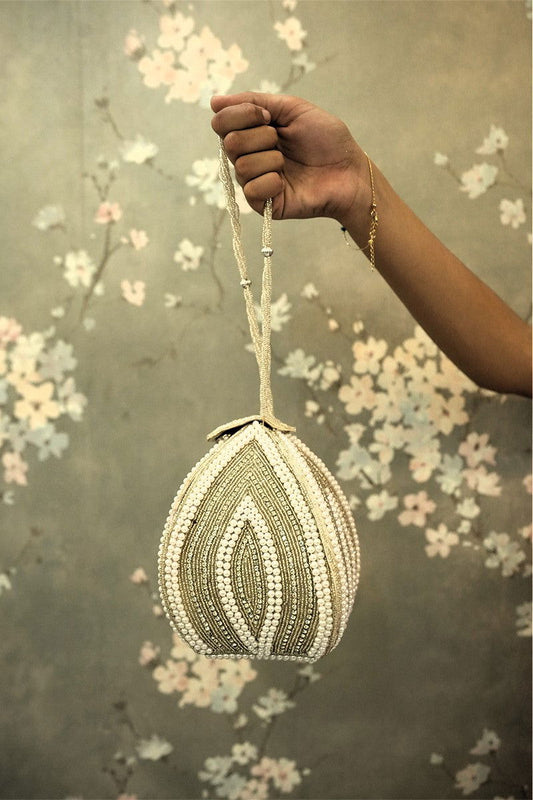 White Pearl with Swarovski Frame Potli and Handmade Pearl Handle - Mayrake.in