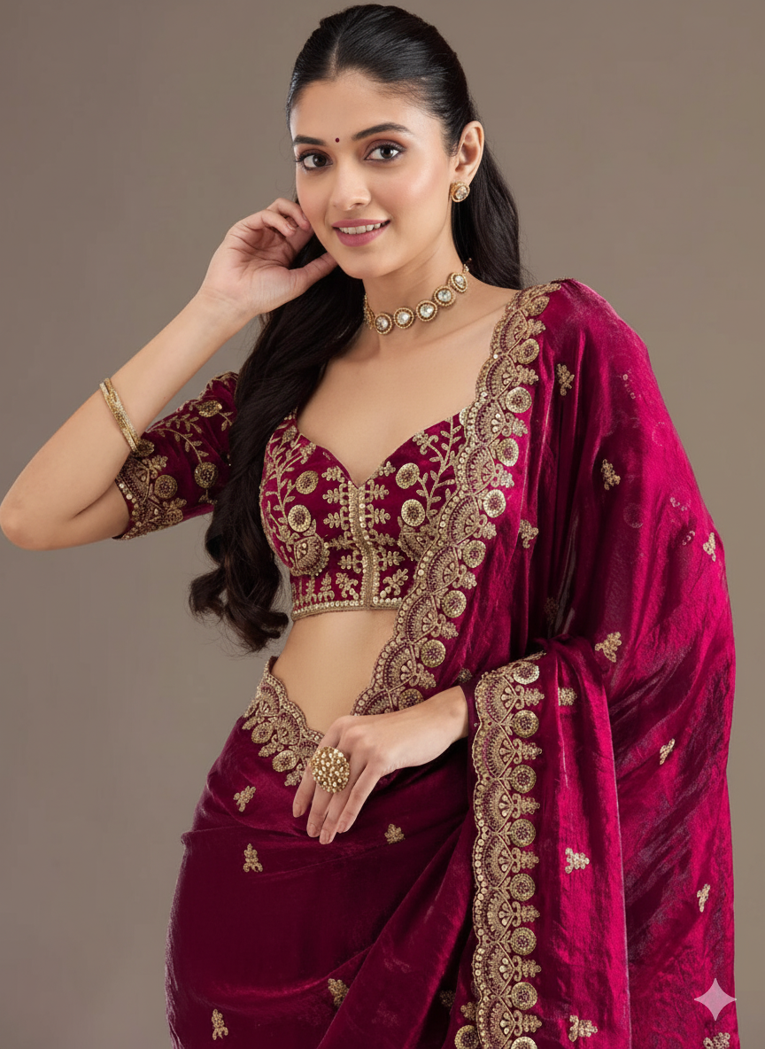Wine Red Crepe Silk Saree with Zari Embroidery Work - Mayrake.in