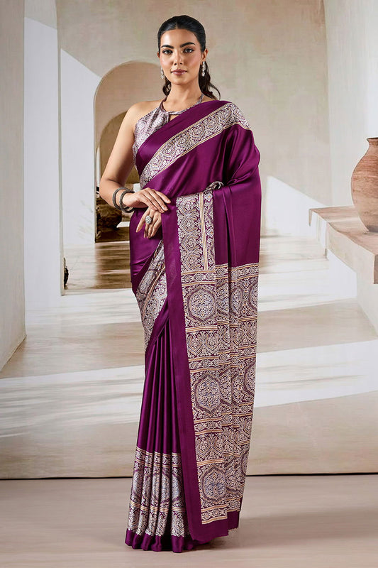 Wine Red Pure Satin Modal Silk Saree with Ajrakh Print - Mayrake.in