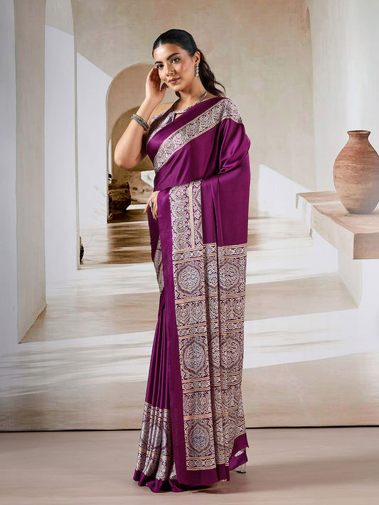 Wine Red Pure Satin Modal Silk Saree with Ajrakh Print - Mayrake.in