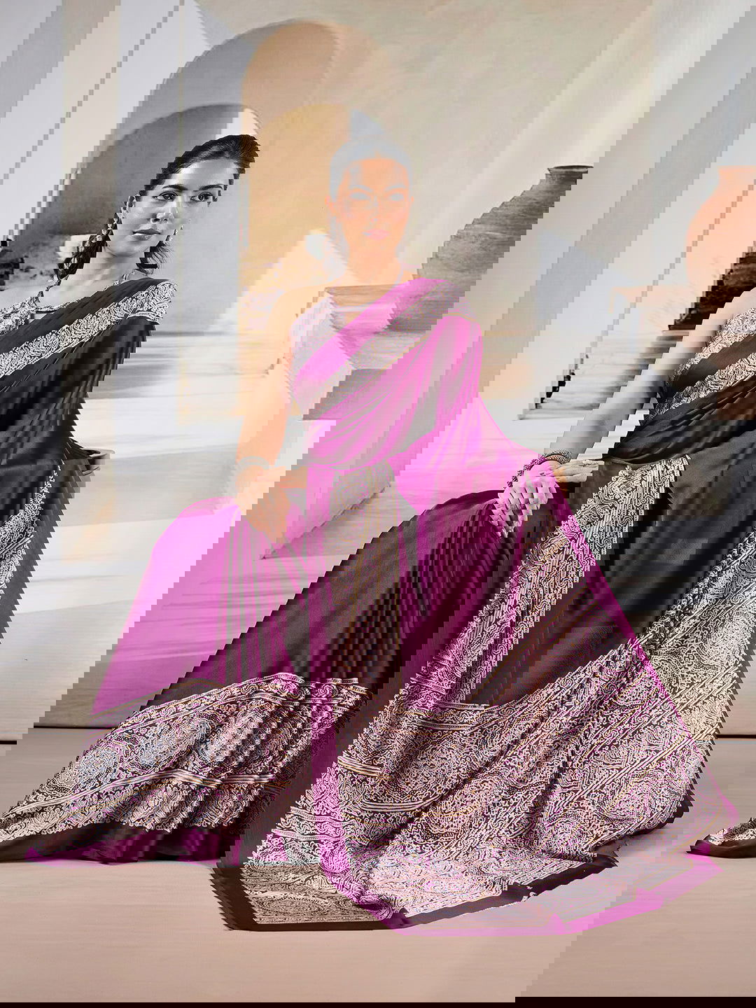 Wine Red Pure Satin Modal Silk Saree with Ajrakh Print - Mayrake.in