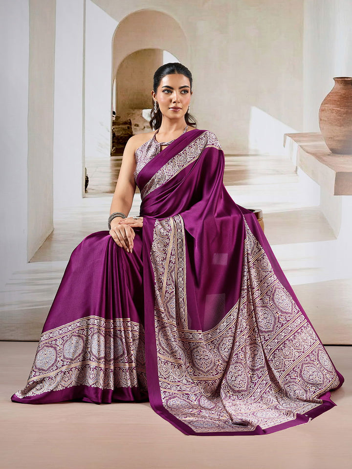 Wine Red Pure Satin Modal Silk Saree with Ajrakh Print - Mayrake.in