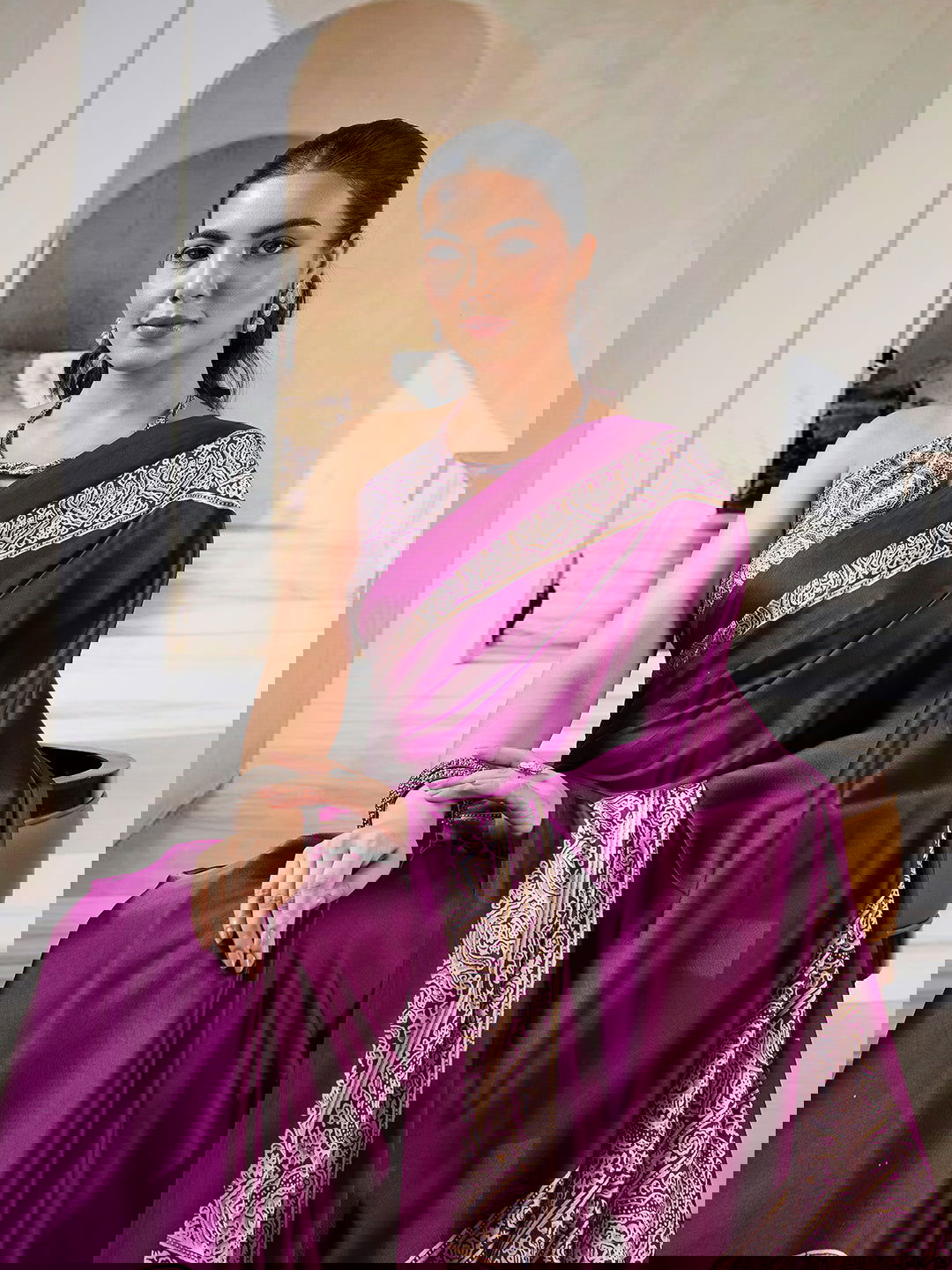 Wine Red Pure Satin Modal Silk Saree with Ajrakh Print - Mayrake.in