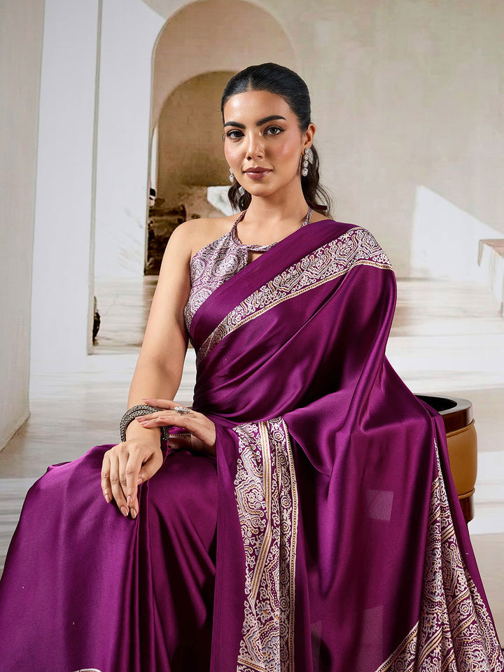 Wine Red Pure Satin Modal Silk Saree with Ajrakh Print - Mayrake.in
