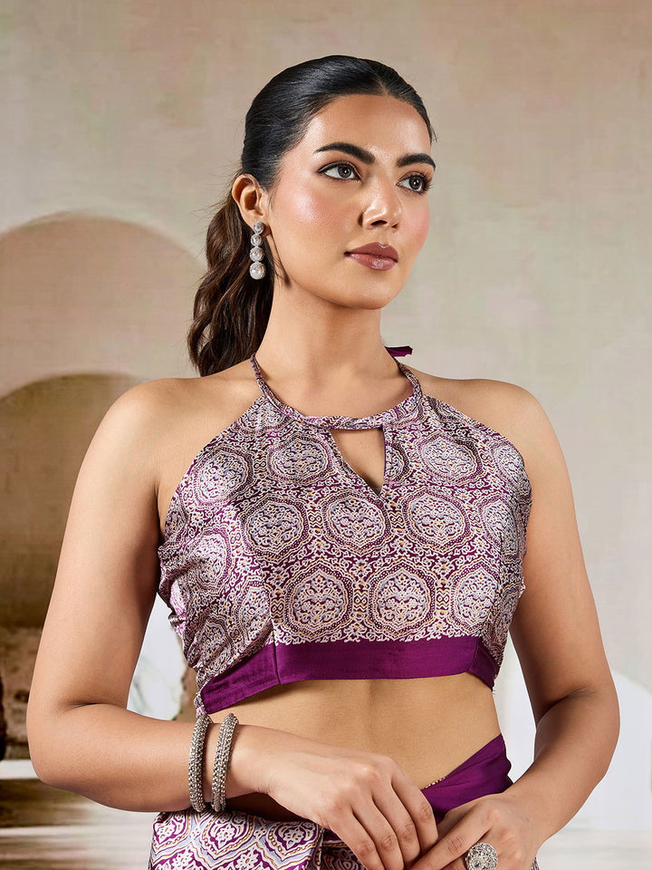 Wine Red Pure Satin Modal Silk Saree with Ajrakh Print - Mayrake.in