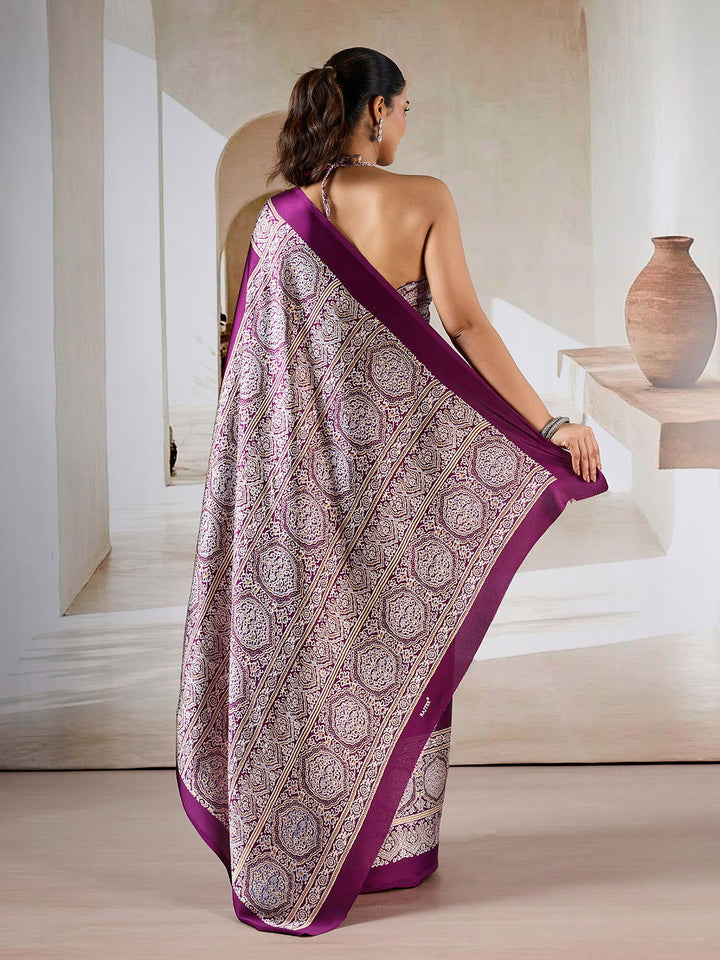 Wine Red Pure Satin Modal Silk Saree with Ajrakh Print - Mayrake.in