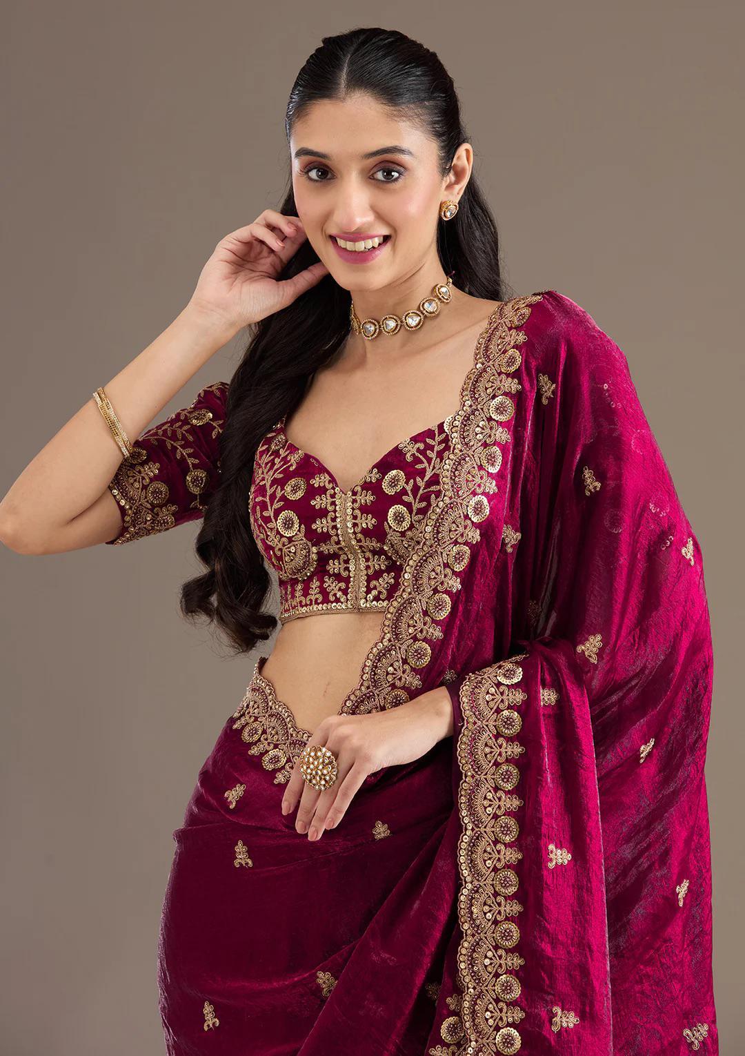 Wine Red Royal Shine Silk Saree with Beautiful Embroidery Work - Mayrake.in
