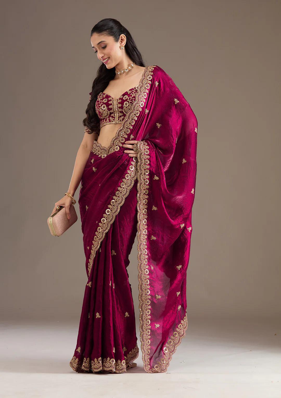 Wine Red Royal Shine Silk Saree with Beautiful Embroidery Work - Mayrake.in