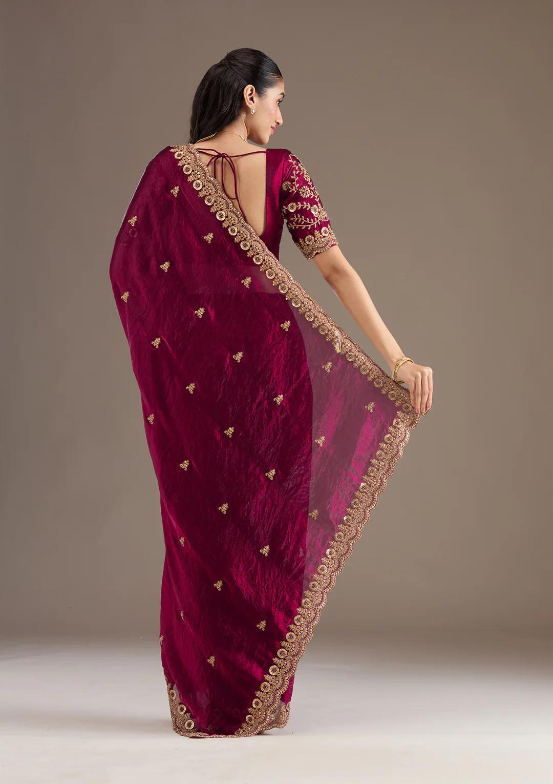 Wine Red Royal Shine Silk Saree with Beautiful Embroidery Work - Mayrake.in