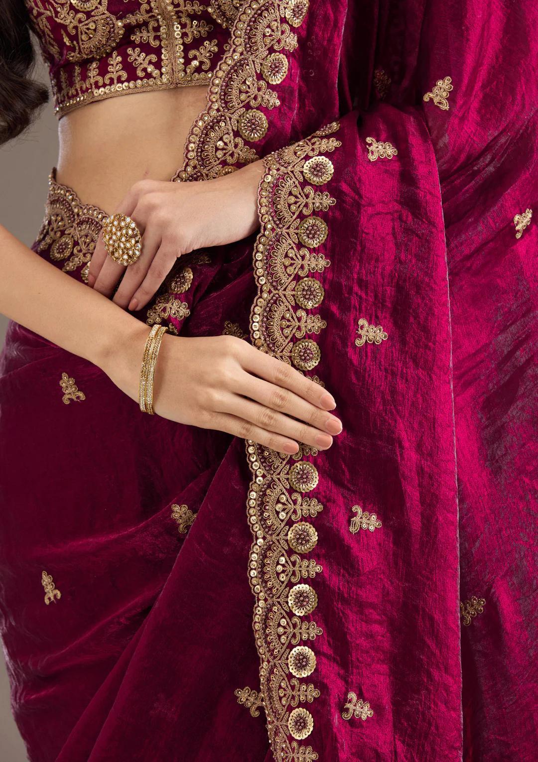 Wine Red Royal Shine Silk Saree with Beautiful Embroidery Work - Mayrake.in