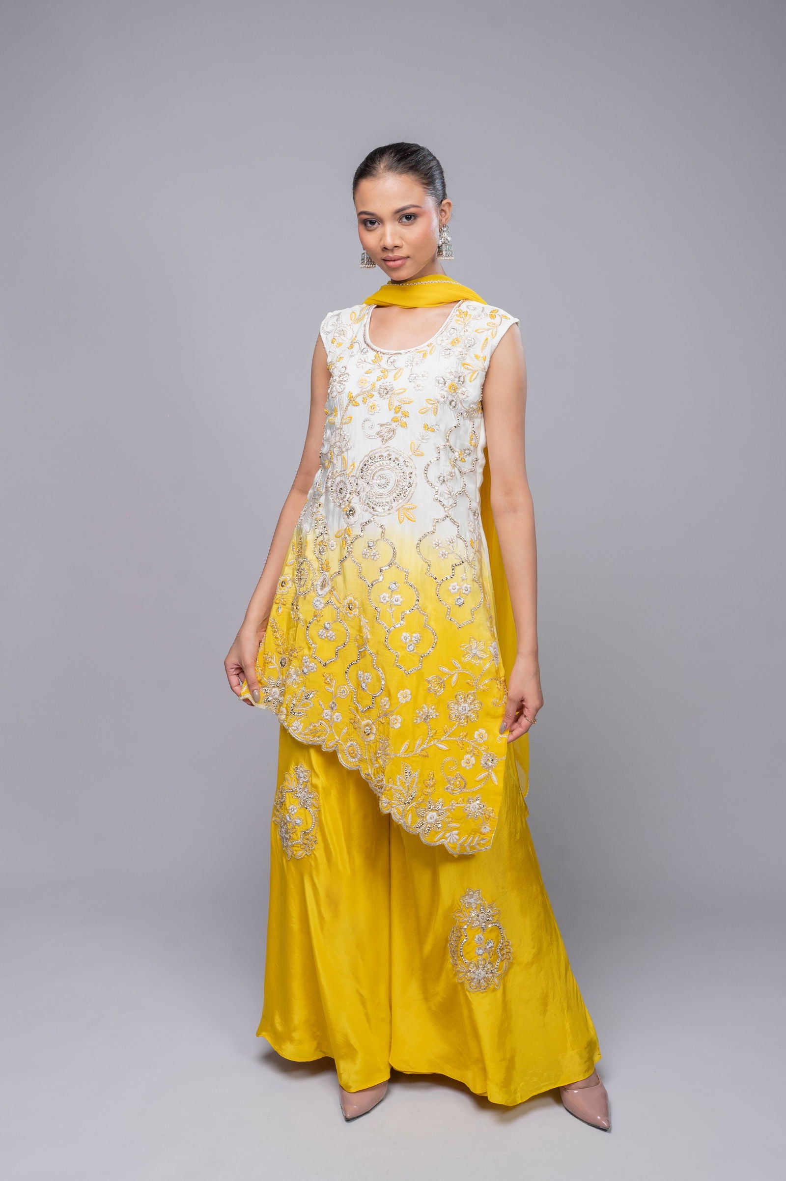 Yellow-Ivory Cream Shaded Crepe Palazzo Suit with Pearl Embroidered Work - Mayrake.in