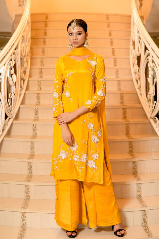 Yellow Chiffon Hand Embriodered Kurta with Palazzo Set - Mayrake.in