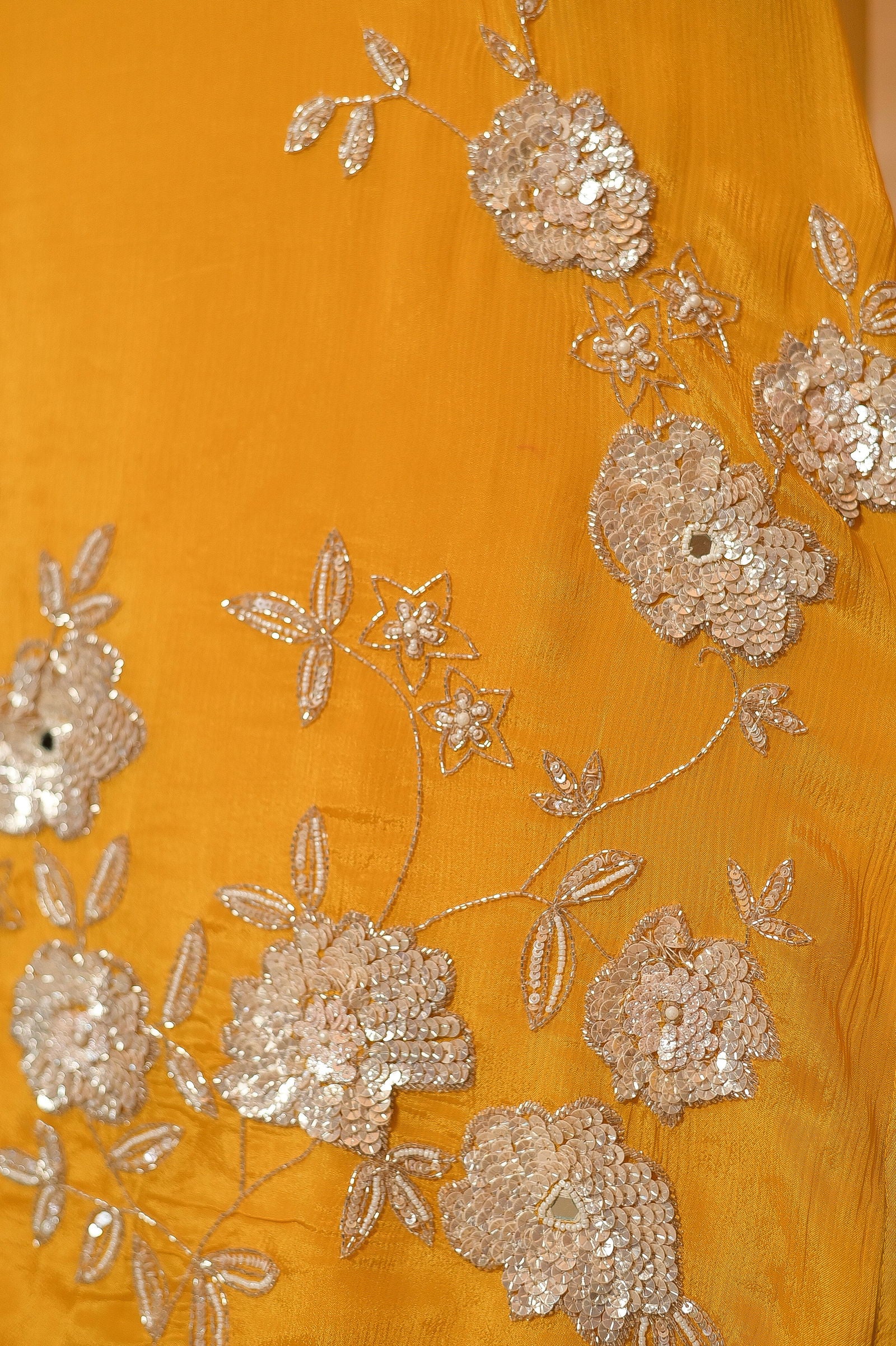 Yellow Chiffon Hand Embriodered Kurta with Palazzo Set - Mayrake.in