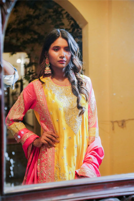 Yellow Dupion Silk  Embroidered Suit - Mayrake.in
