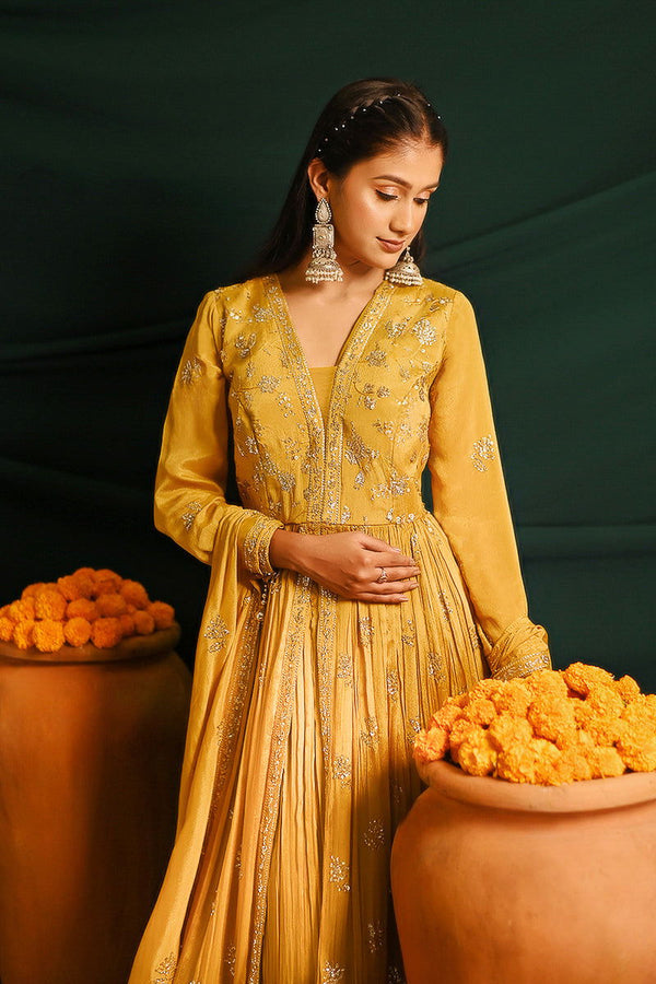 Yellow Long Floor-Length Designer Kurta with Lehenga Skirt and Dupatta - Mayrake - 