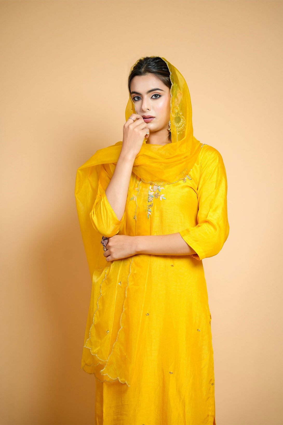 Yellow Silk Hand-Embroidered Suit with Organza Dupatta - Mayrake.in