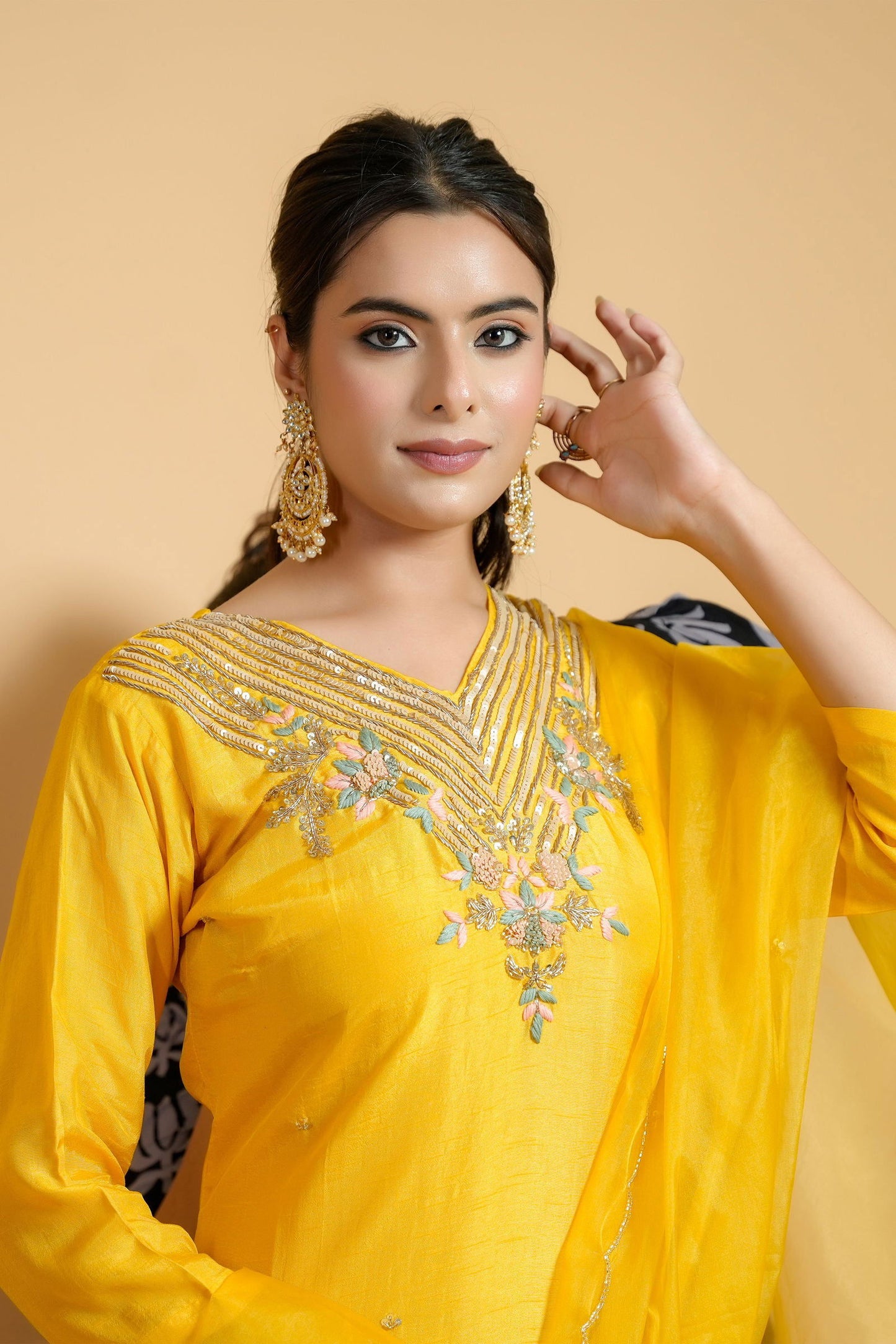 Yellow Silk Hand-Embroidered Suit with Organza Dupatta - Mayrake.in