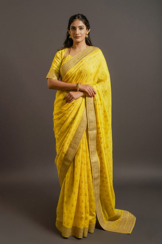 Yellow Silk Saree with Golden Buti Work and Rich Zari Border - Mayrake.in