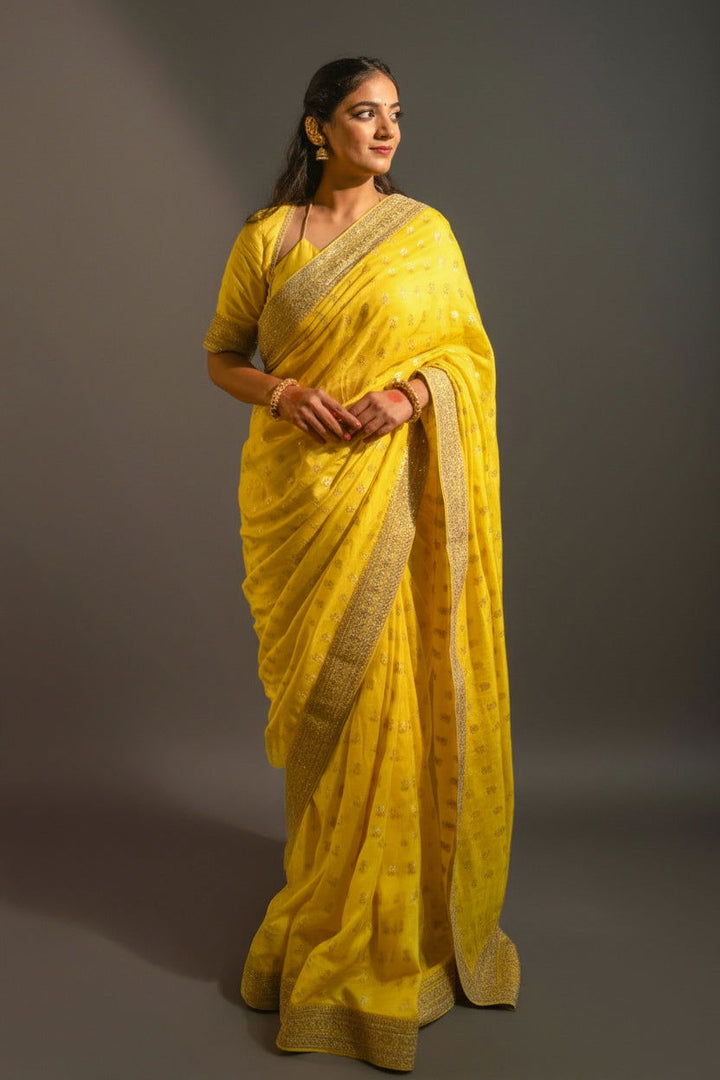 Yellow Silk Saree with Golden Buti Work and Rich Zari Border - Mayrake.in