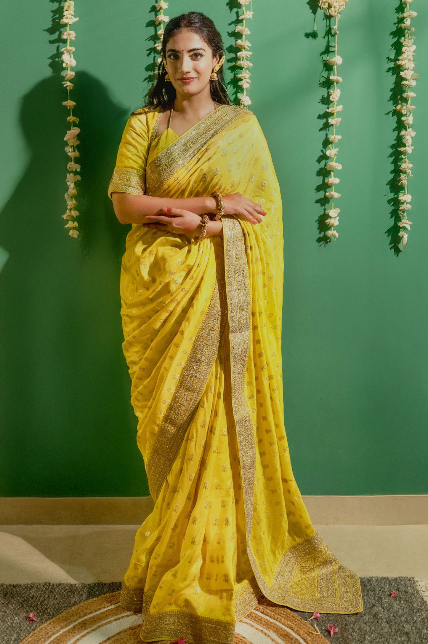 Yellow Silk Saree with Golden Buti Work and Rich Zari Border - Mayrake.in