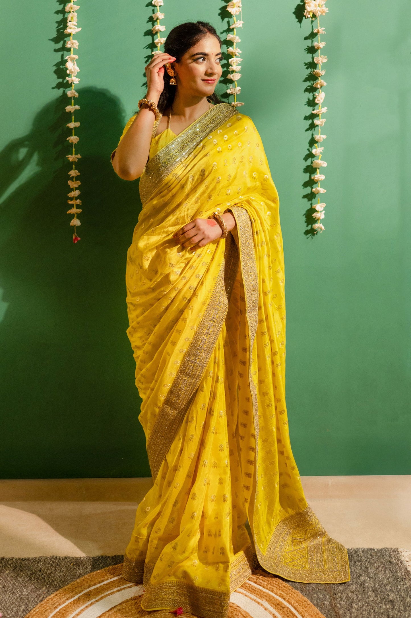 Yellow Silk Saree with Golden Buti Work and Rich Zari Border - Mayrake.in
