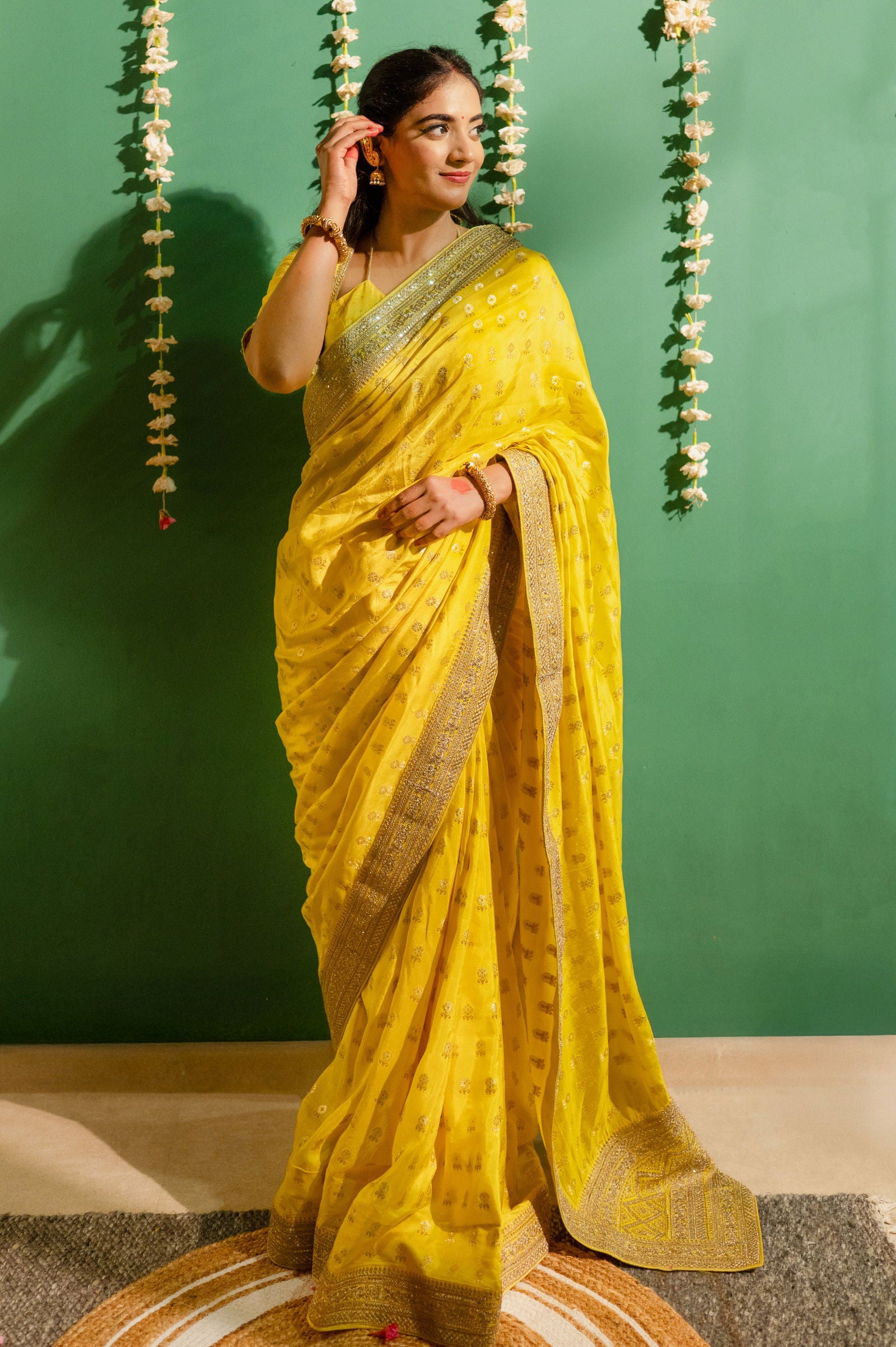 Yellow Silk Saree with Golden Buti Work and Rich Zari Border - Mayrake.in