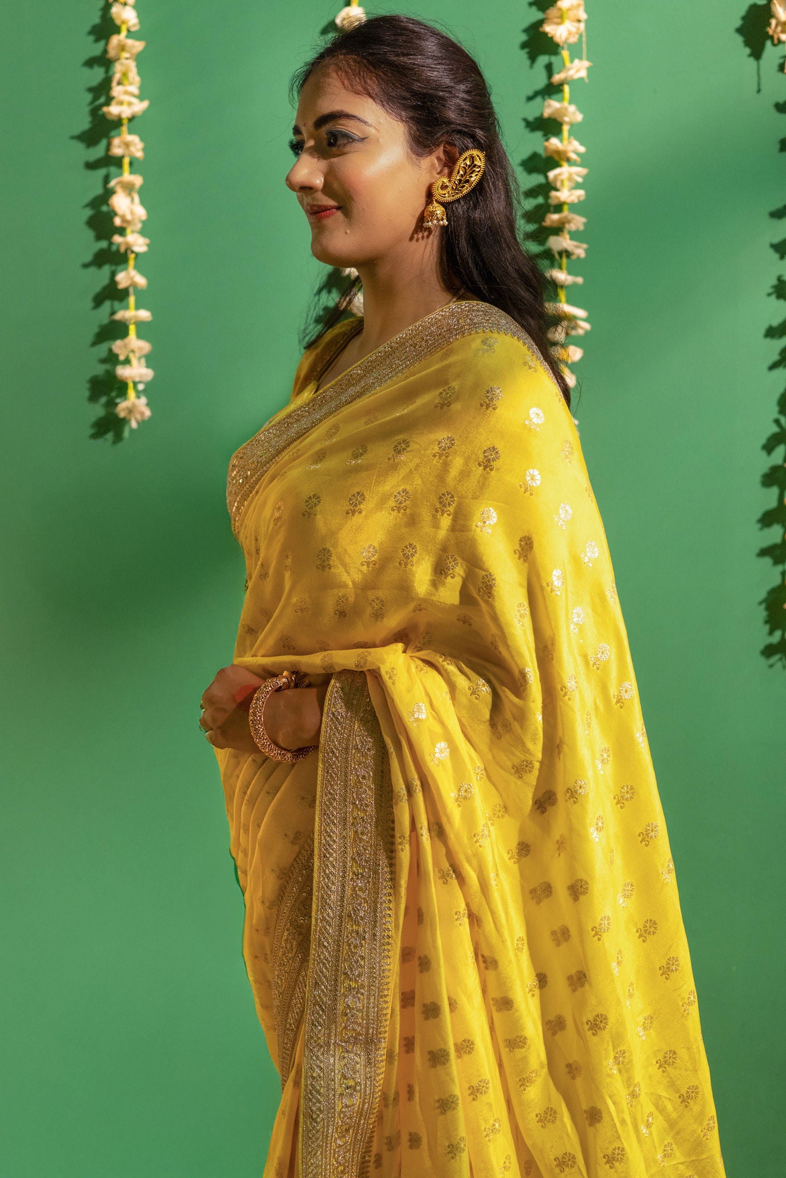 Yellow Silk Saree with Golden Buti Work and Rich Zari Border - Mayrake.in